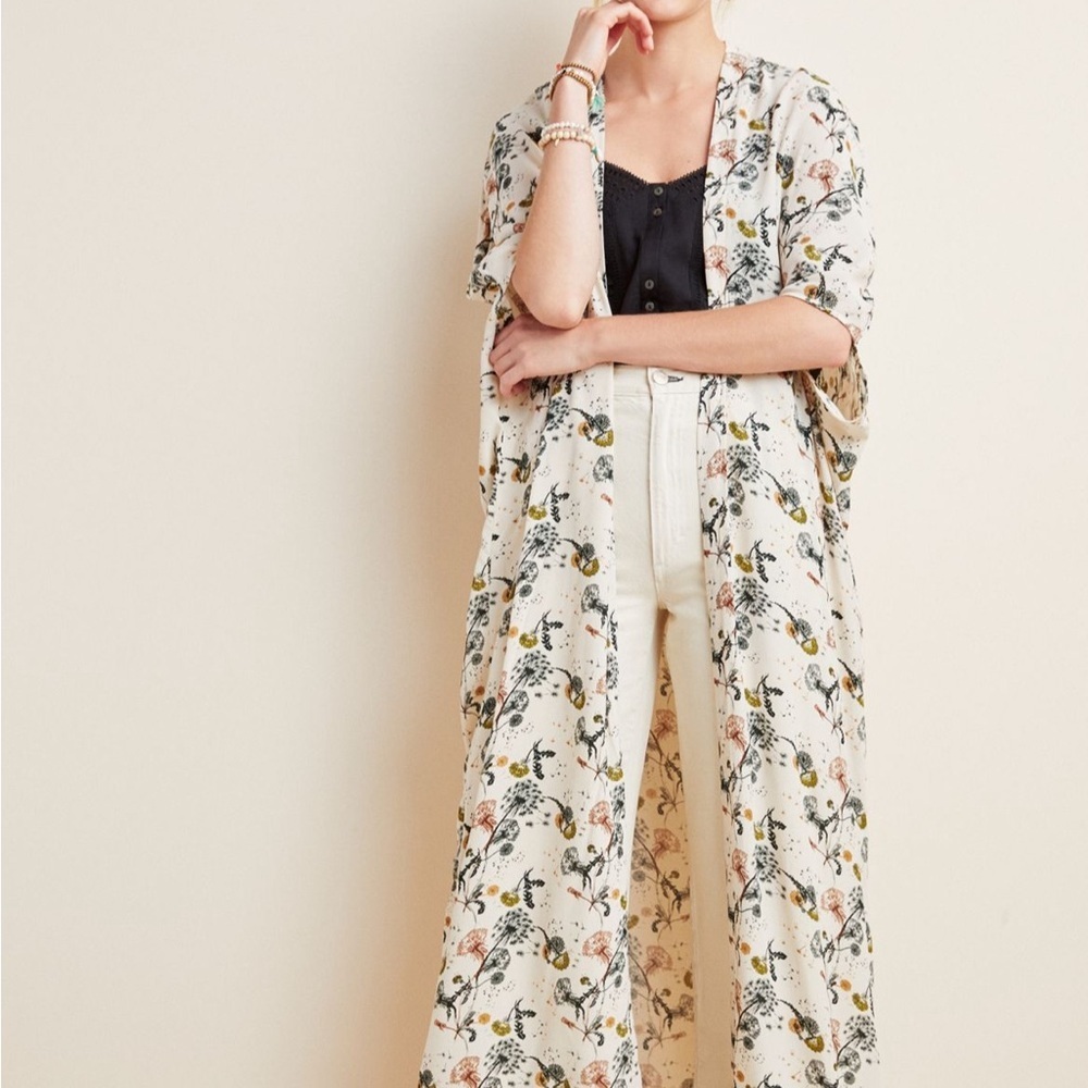 Anthropologie Bel Kazan Sadie Duster Kimono Neutral Tan floral One Size